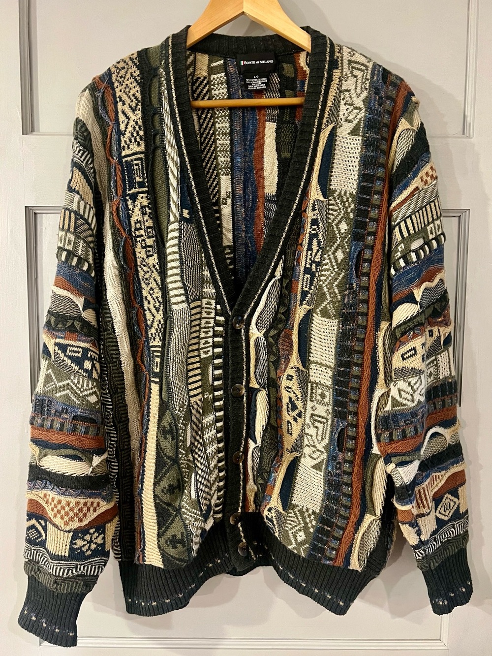 Coogi-Inspired 90s Vintage Multicolor Patterned Knit Cardigan Conte di Milano